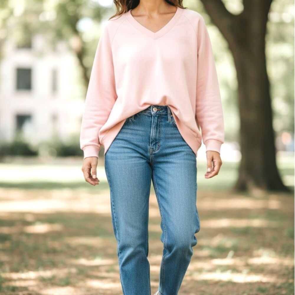 78 & Sunny Blush Pink Modal V-Neck Long Sleeve Oversized Sweatshirt Size Medium